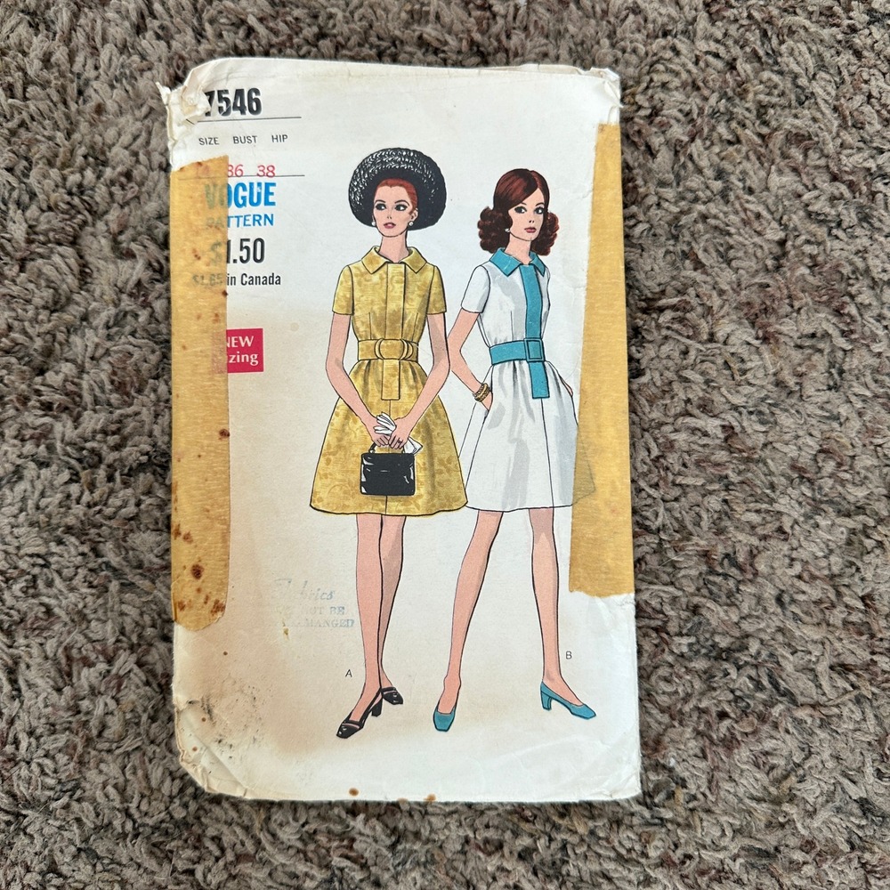 Vintage Vogue 7546 Sewing Pattern Misses One-Piece Dress Size 14 Bust 36 Retro